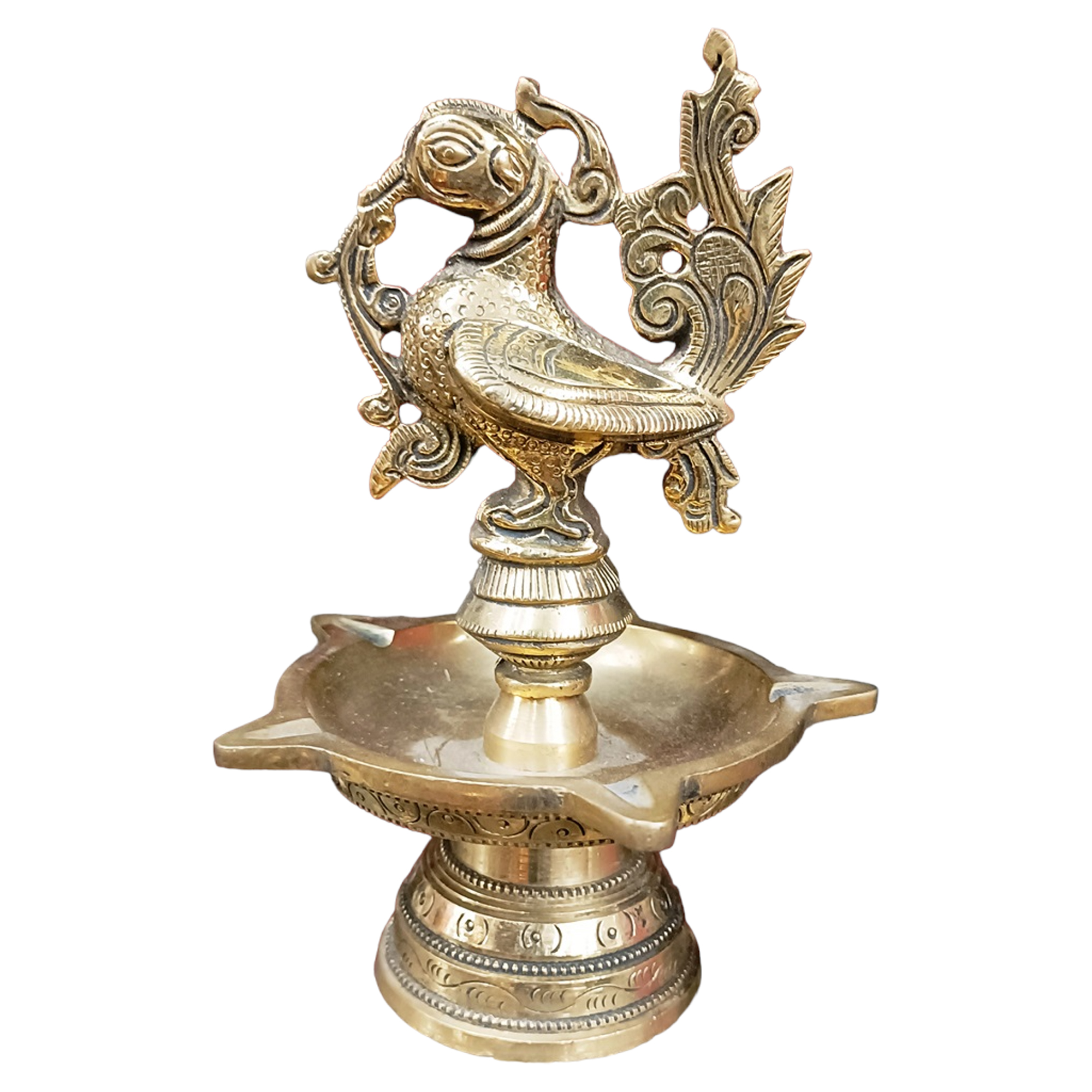 7″ Brass Peacock Diya OIL LAMP 5 BATTI