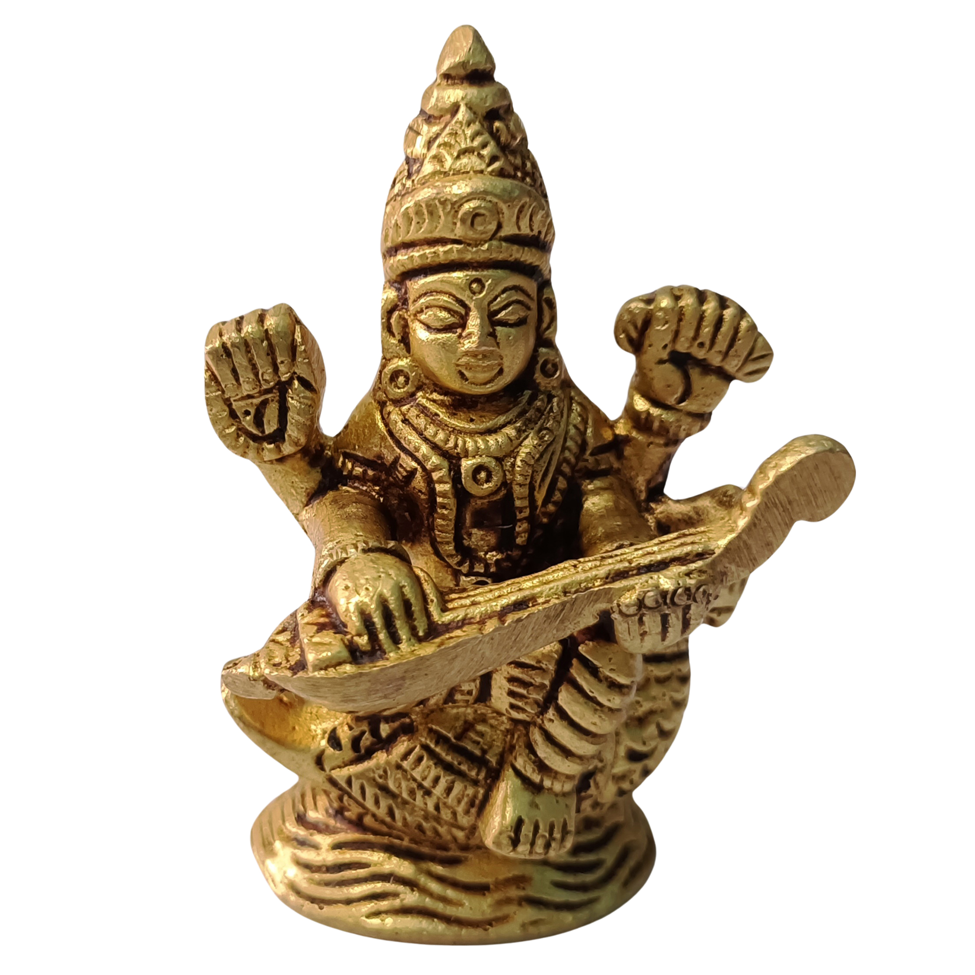 Brass Goddess Saraswati Idol Statue for Home Study Table & Office Desk (Size 2.5 Inches)