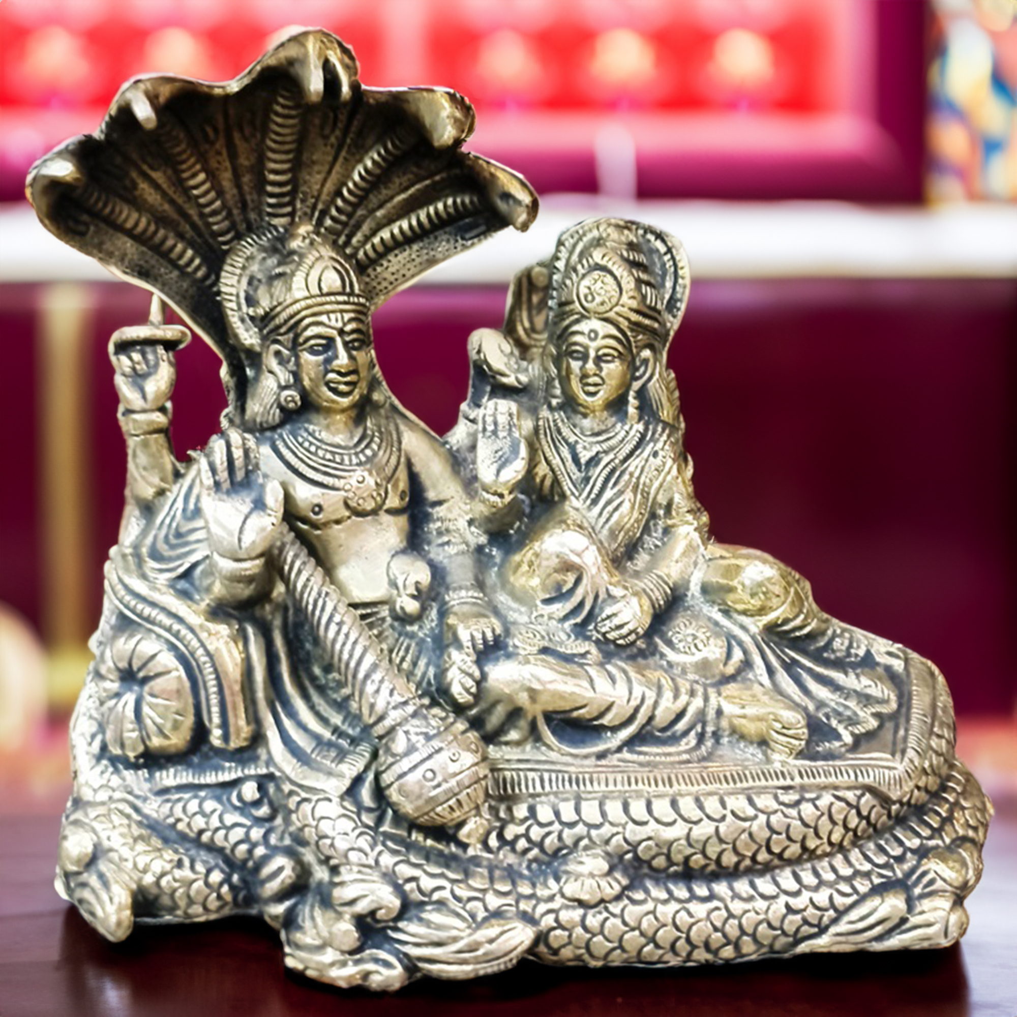 Brass Laxmi Vishnu Statue | Lord Vishu Sitting on Shesh Naag in Resting Position | Laxmi Narayn Murti | Antique Golden Color Finish | Home Decor / Diwali Gift / Temple / Car Dashboard | LxBxH-15.2×17.8×8.9 cms / Wt.- 2.2kgs