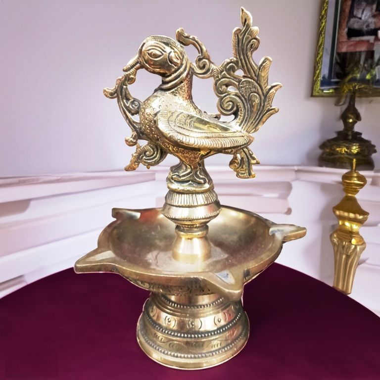 7″ Brass Peacock Diya OIL LAMP 5 BATTI