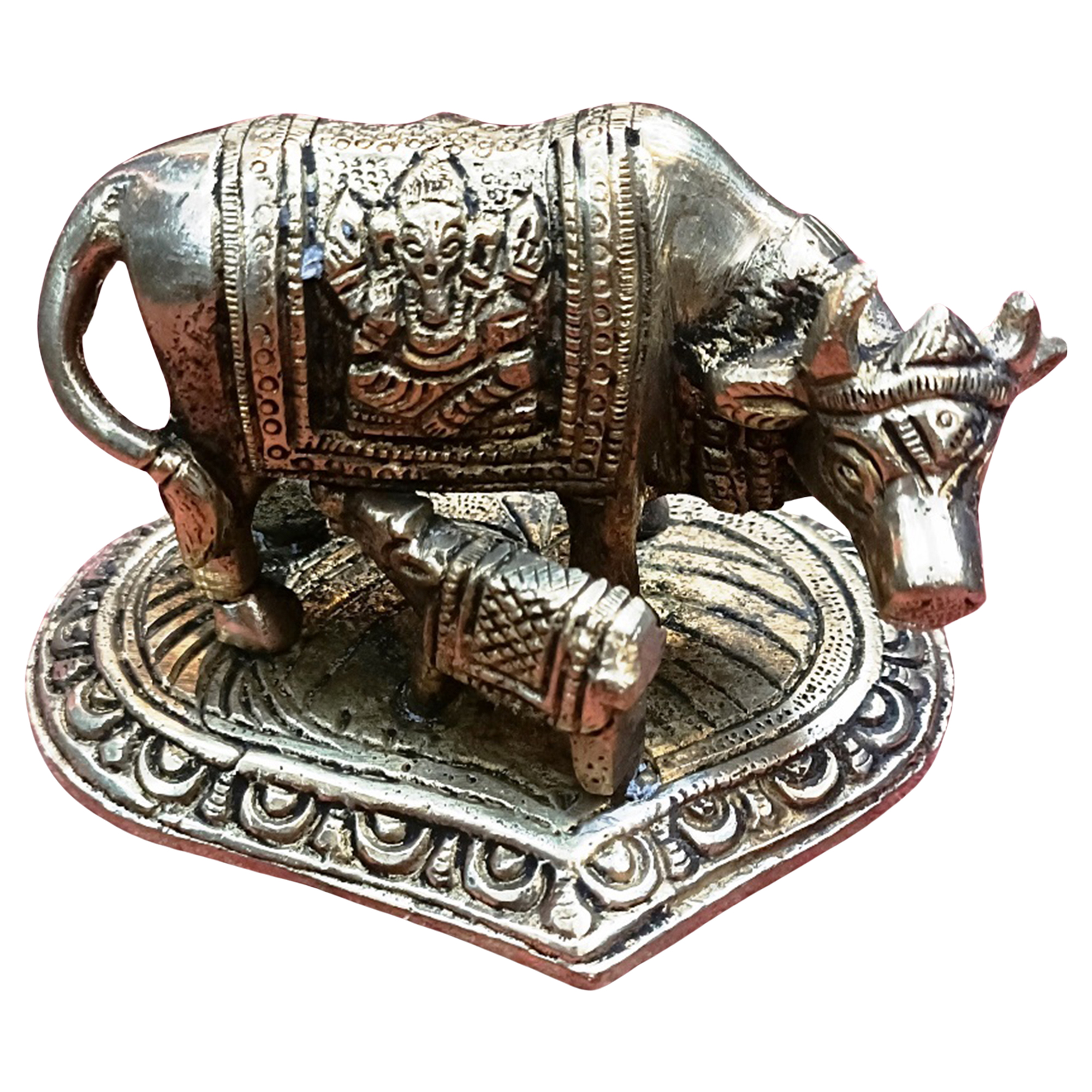 MAA MANSA DEVI Cow and calf (Brass) Pure Brass Metal for Home Décor and Decorative Gift- Gold Color Housewarming Gifts-5cm