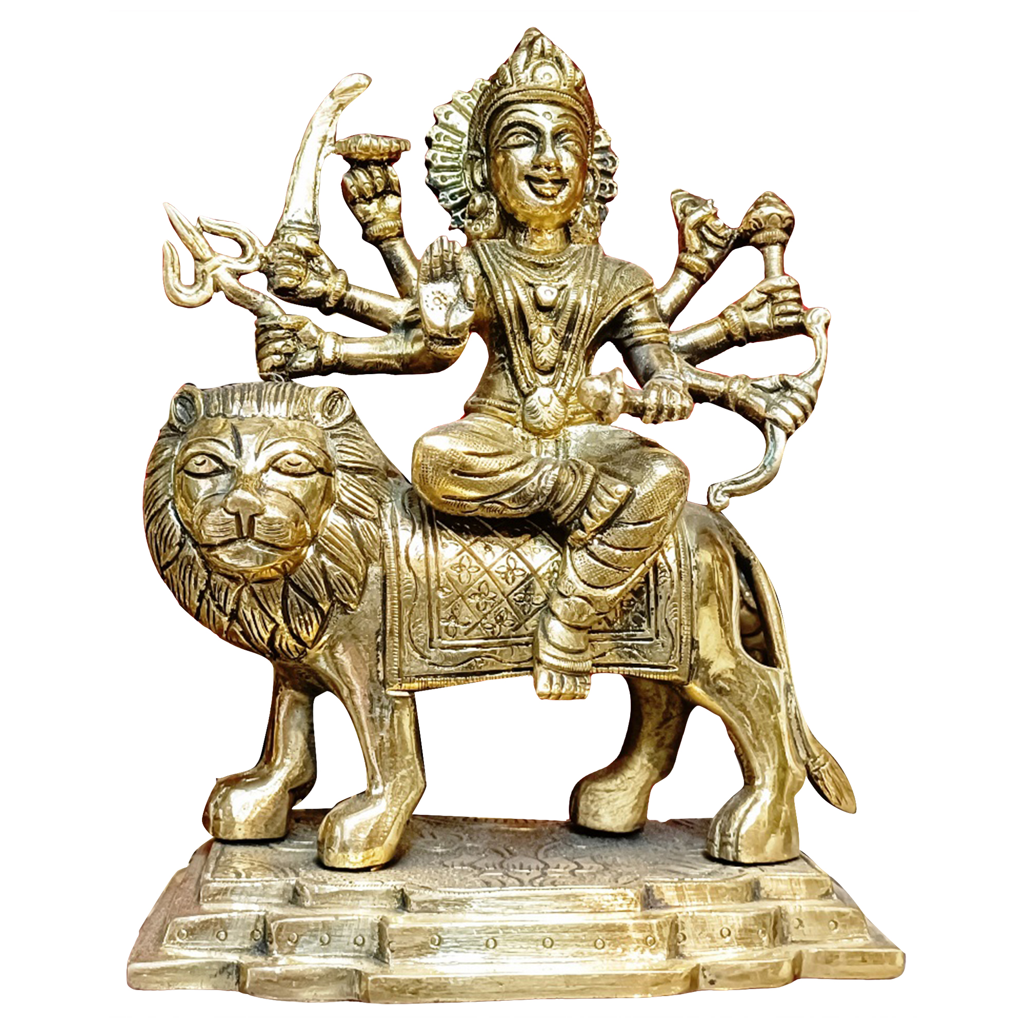 Brass Maa Durga/Maa Sherwali/Ambe maa Idol Sitting On Lion Murti Religious Strength God Sculpture Idol with Antique Finish