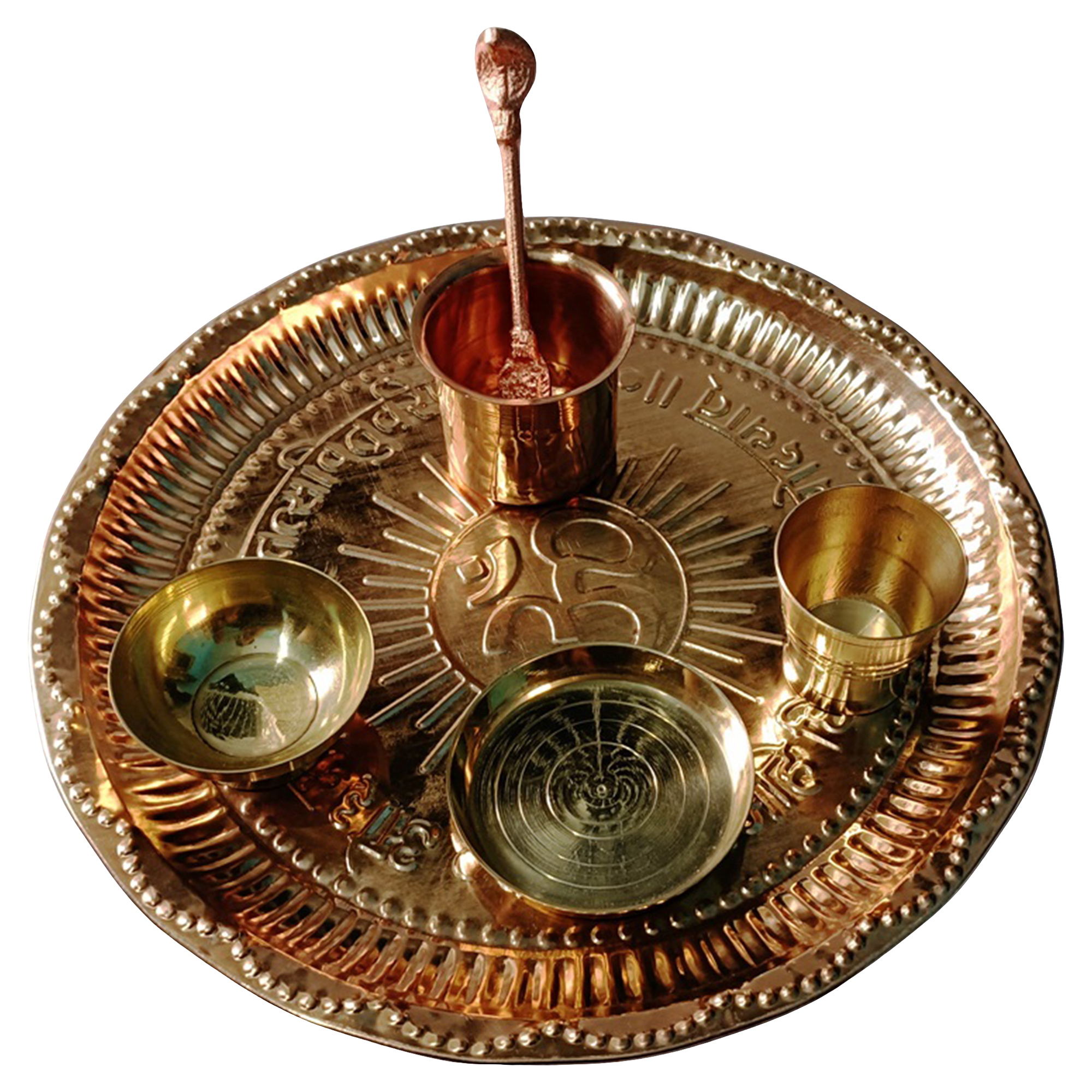 High Quality Brass and Copper Puja / Aarti Thali set – Large 24cm (6 items 6 inch) Brass Thali