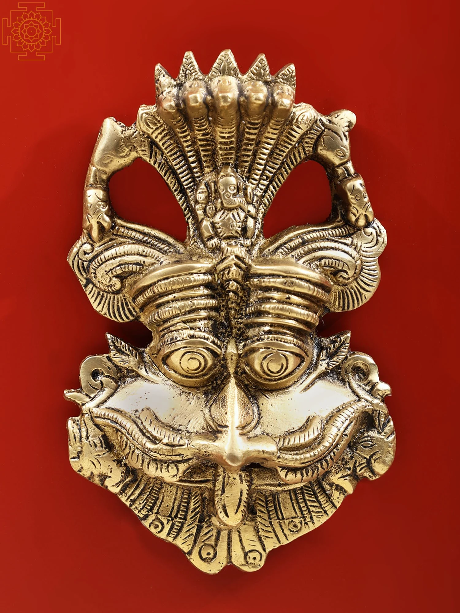 Narsingh Face/Metal Feng Shui Vastu Showpiece/Kirtimukha with Sheshnaag & Ganesha, Suraksha Kawach Mask for Evil Eye Protection for Home, Office Wall & Door Hanging (Gold)